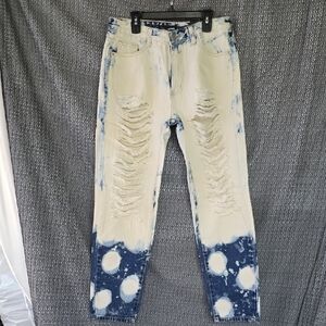 Fashion Nova Blue and Cream Tie-Dye Jeans